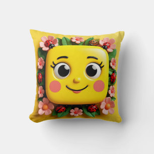 Bright Cartoon Illustration with Ladybugs, Flowers Cushion