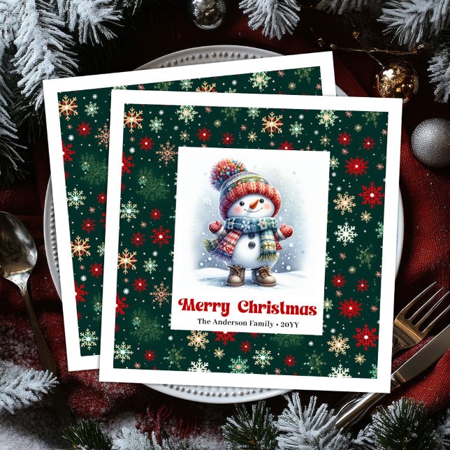 Bright cartoon snowman with snowflakes kids napkin (Bright cartoon snowman with snowflakes kids napkins)