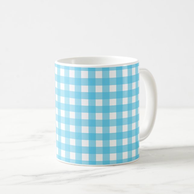 Bright cerulean blue gingham coffee mug (Front Right)