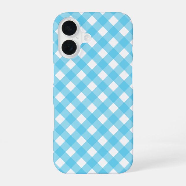 Bright cerulean blue gingham  iPhone 16 case (Back)