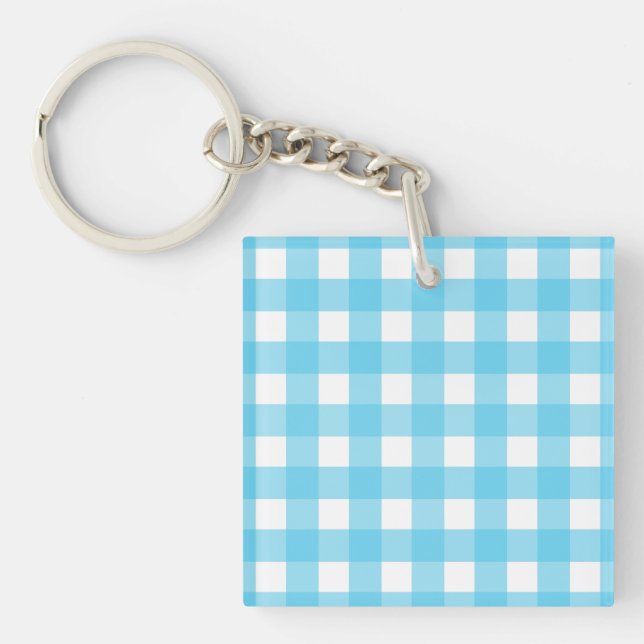 Bright cerulean blue gingham key ring (Front)