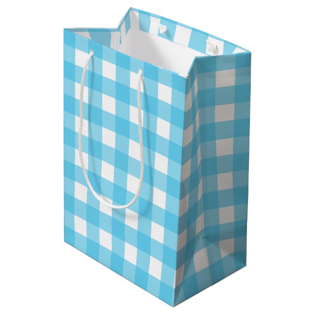 Bright cerulean blue gingham medium gift bag (Back Angled)