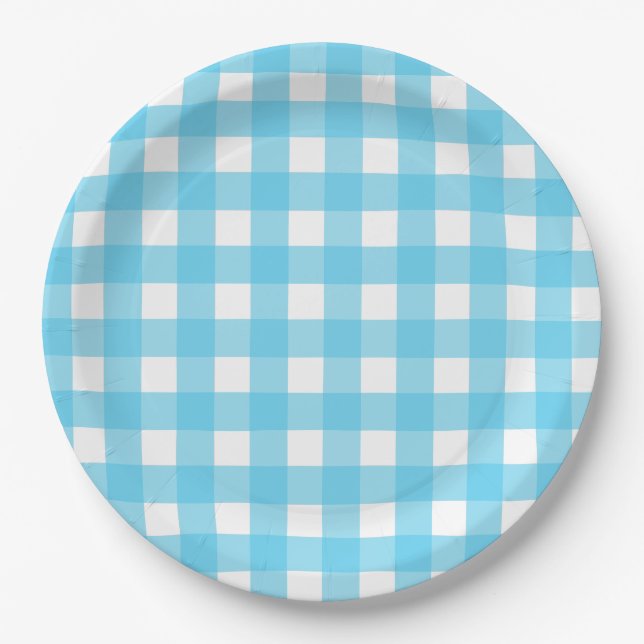 Bright cerulean blue gingham paper plate (Front)