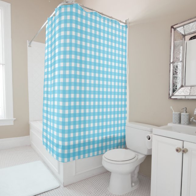Bright cerulean blue gingham shower curtain (In Situ)
