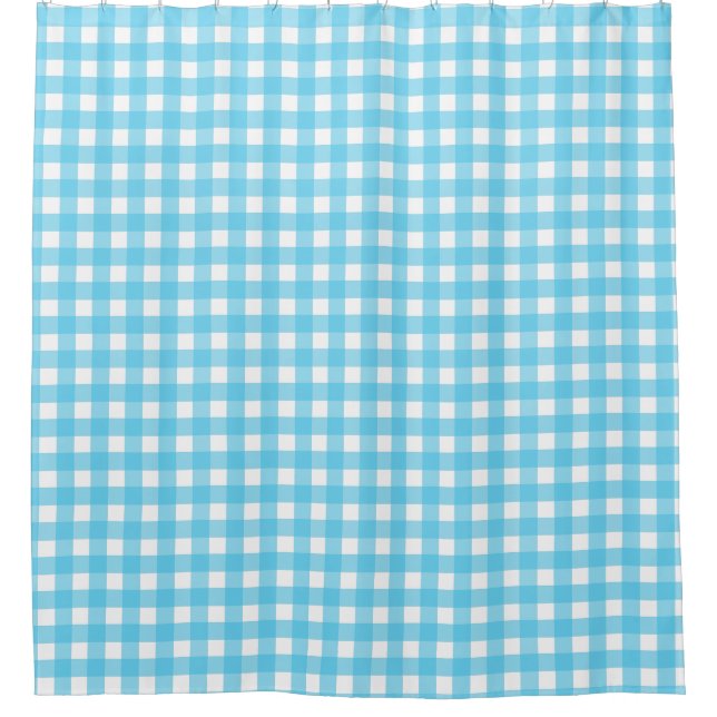 Bright cerulean blue gingham shower curtain (Front)