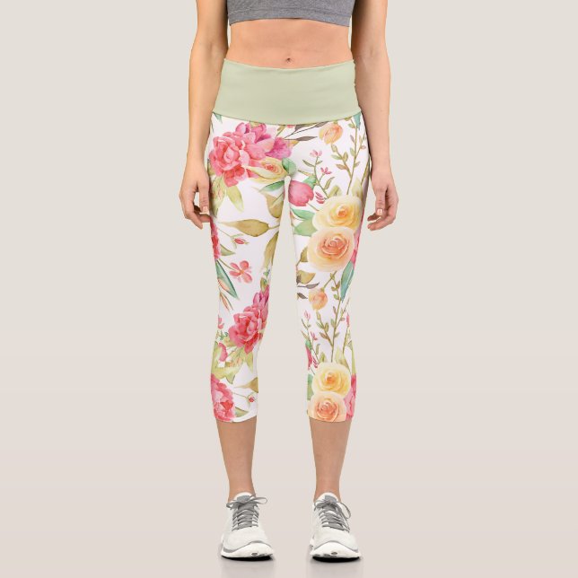 Bright  & Cheerful Flower Pattern  Capri Leggings (Front)
