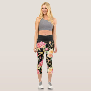 Bright  & Cheerful Flower Pattern on Black Capri Leggings