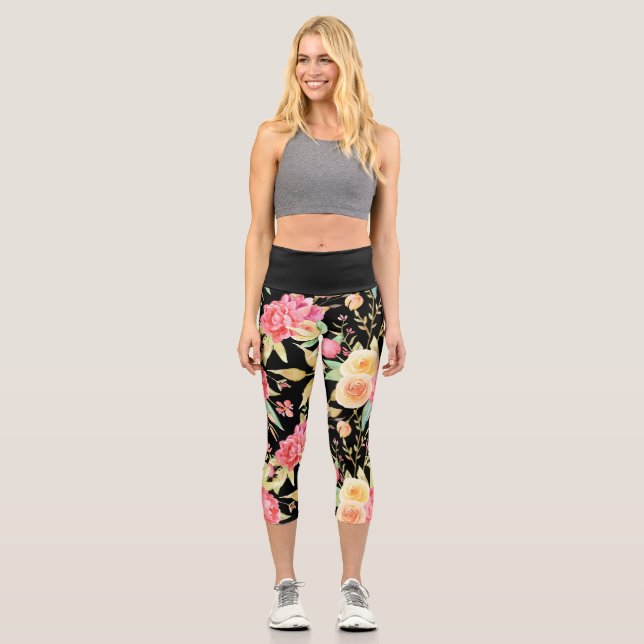 Bright  & Cheerful Flower Pattern on Black Capri Leggings (Front)