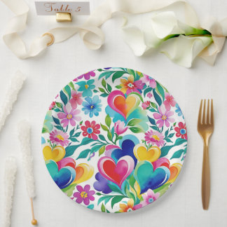 Bright Cheerful Hearts And Flowers Paper Plate