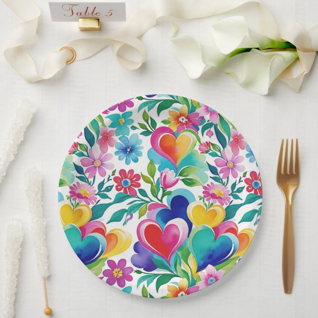 Bright Cheerful Hearts And Flowers Paper Plate (Wedding)