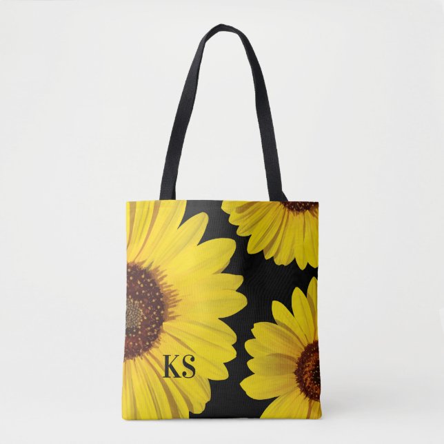 Bright Cheerful Monogram Sunflowers Tote Bags (Front)