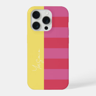 Bright Cheerful pink and yellow striped design iPhone 15 Pro Case