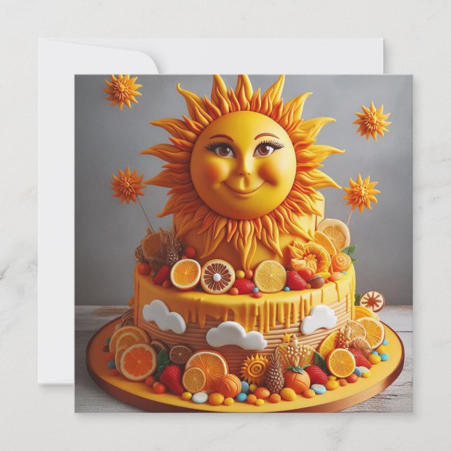 BRIGHT CHEERFUL SUN THEMED BIRTHDAY CAKE  INVITATION (Front)