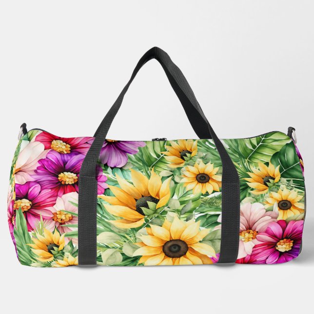 Bright Cheerful Sunflowers & Tropical Flowers Duffle Bag (Front)