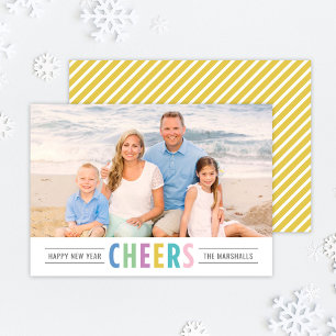 Bright Cheers Yellow Stripe Photo New Year Holiday Card