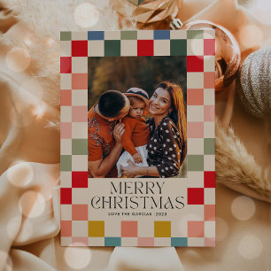 Bright Chequered Frame Christmas Photo  Holiday Card