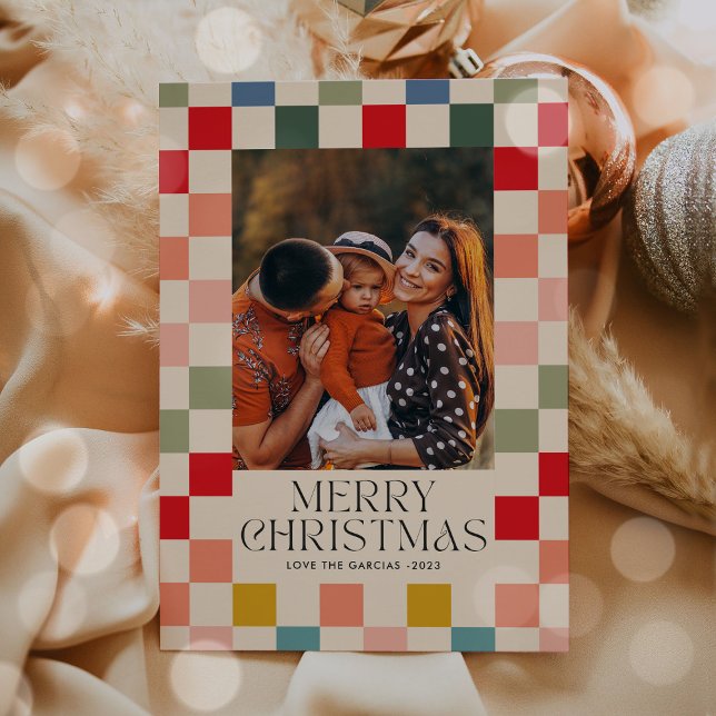 Bright Chequered Frame Christmas Photo  Holiday Card (Creator Uploaded)