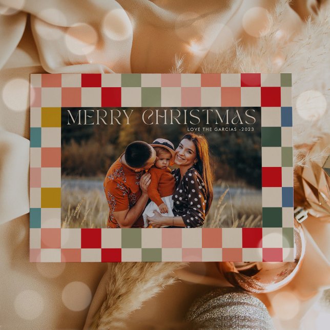 Bright Chequered Frame Christmas Photo  Holiday Card (Creator Uploaded)