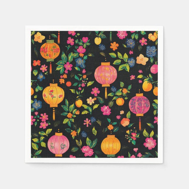 Bright Chinese Lanterns on Black Napkin (Front)