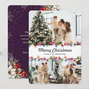 Bright Christmas Lights Purple Botanical Photo Holiday Card