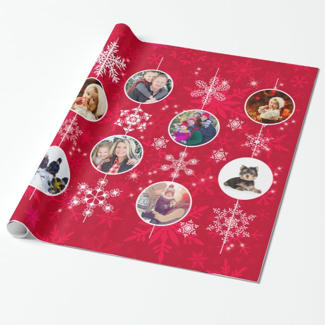 Bright Christmas Red Family Photos and Snowflakes Wrapping Paper (Unrolled)