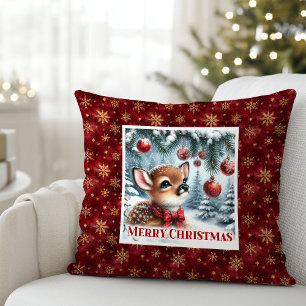 Bright Christmas scene baby deer snowy forest  Cushion
