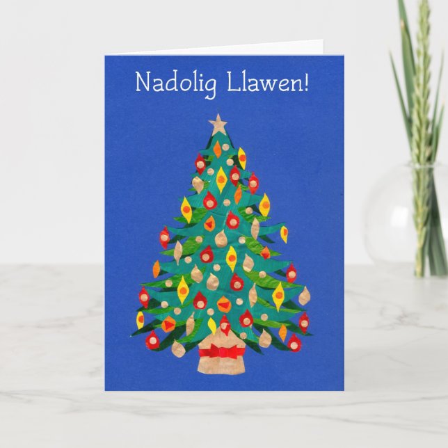 Bright Christmas Tree Card, Welsh Greeting Holiday Card (Front)