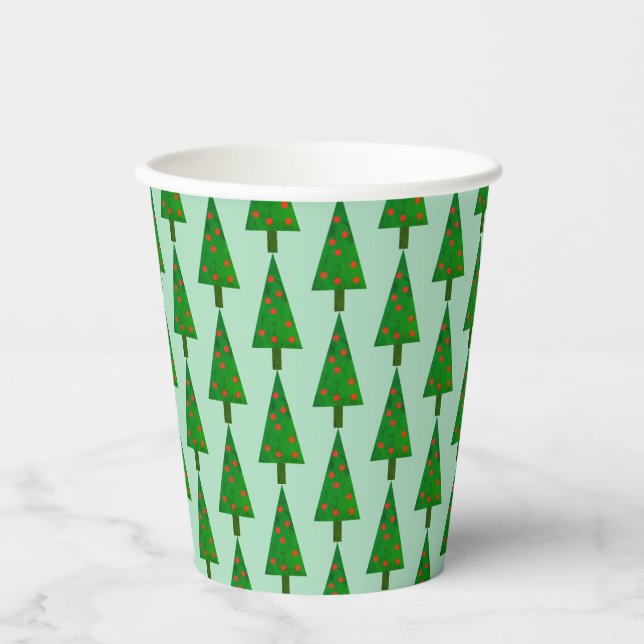 Bright Christmas Trees on Green Paper Cups (Front)
