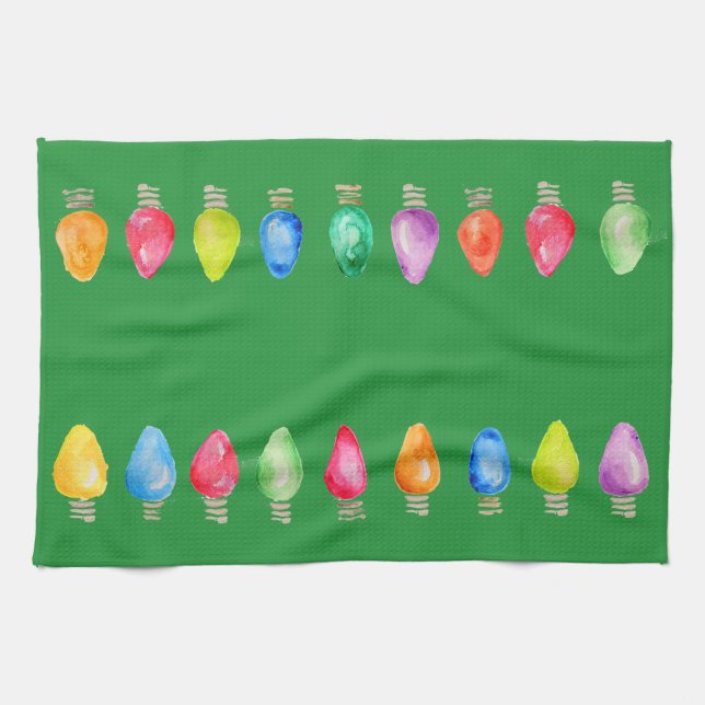 Bright Christmas Watercolor lights bulbs dish Tea Towel (Horizontal)