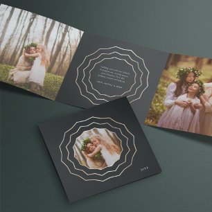 Bright Circle   Elegant Black & Gold Photo Tri-Fold Holiday Card