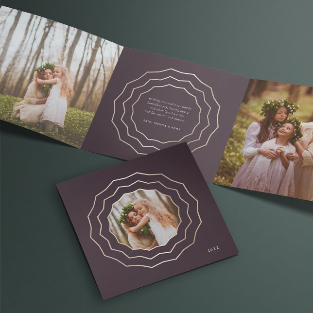 Bright Circle | Elegant Burgundy & Gold Photo Tri-Fold Holiday Card (Creator Uploaded)