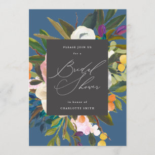 Bright Citrus Flowers   Indigo Blue Bridal Shower Invitation