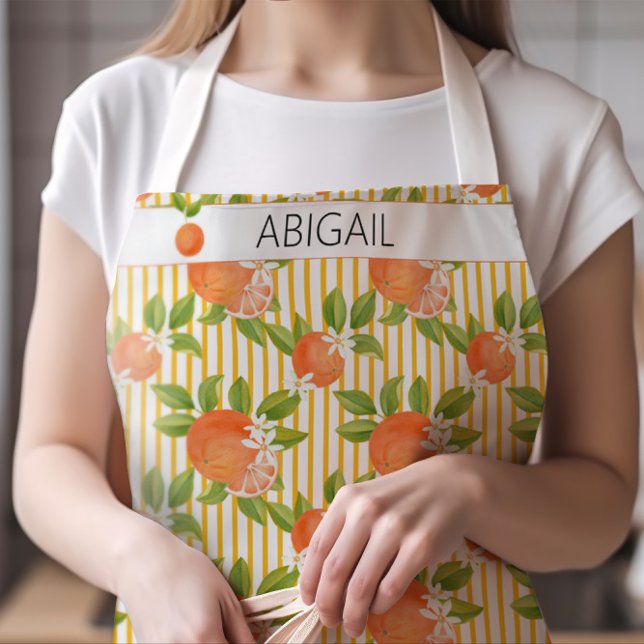 Bright Citrus Oranges and Orange Blossoms Pattern Apron (Orange and Orange Blossoms Striped Apron with Any Name)