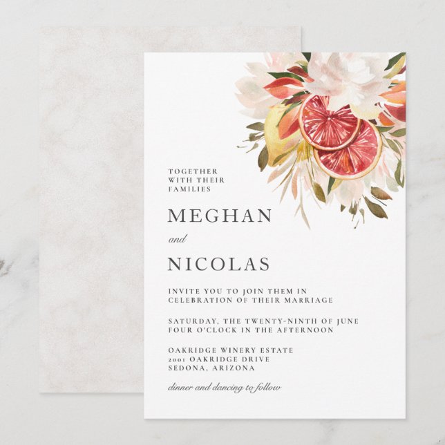 Bright Citrus Tropical Floral Wedding Invitation (Front/Back)