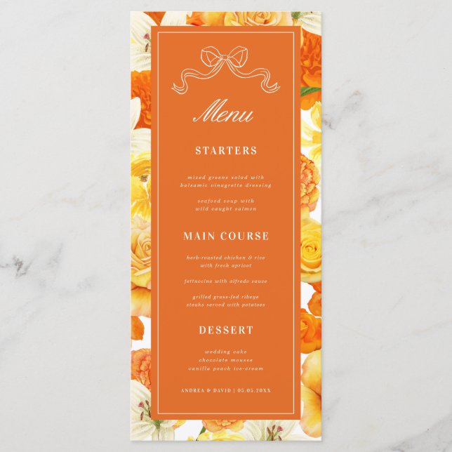 Bright Citrus Yellow Orange Bridal Shower Wedding Menu (Front)