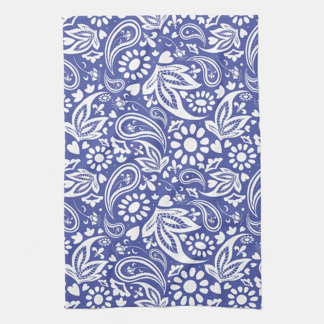 Bright Classic Blue and White Paisley Design Tea Towel (Vertical)