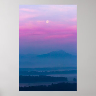 Bright clouds and moon at sunrise poster