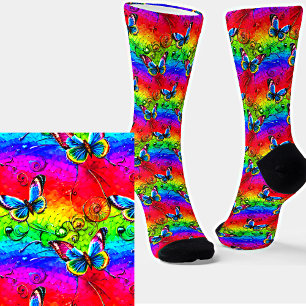 Bright Color Blue Butterflies on Rainbow Socks