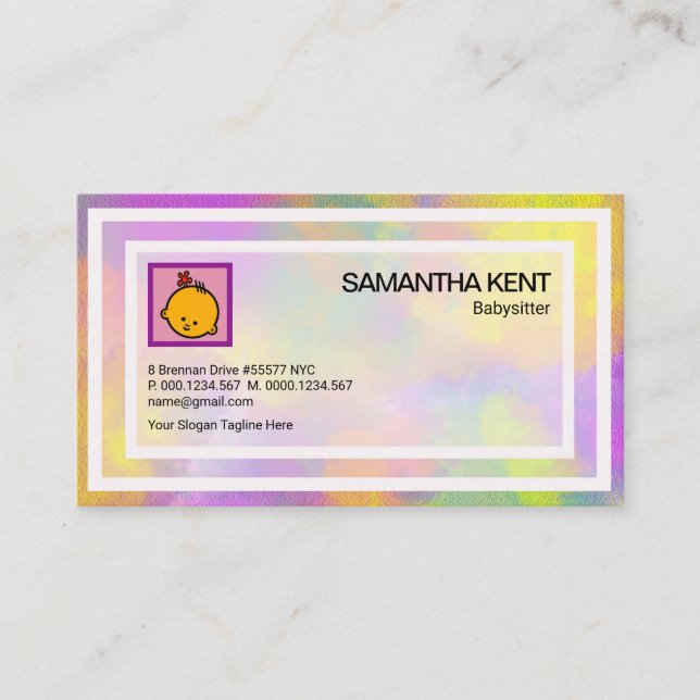 Bright Color Splash White Borders Babysitting Business Card (Front)