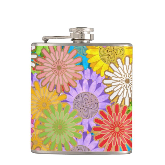 Bright Colorful Busy Chaotic Hippy Flower Pattern Hip Flask (Front)