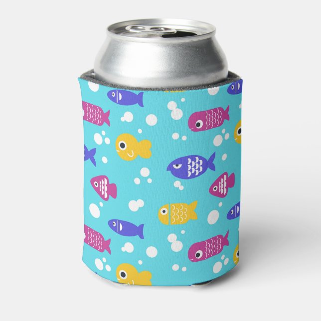 Bright Colorful Cartoon Fish Pattern Blue Can Cooler (Can Back)