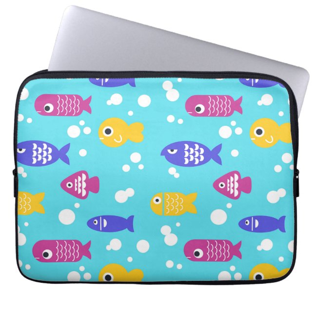 Bright Colorful Cartoon Fish Pattern Blue Laptop Sleeve (Front)