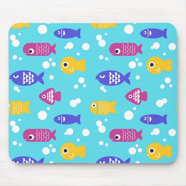 Bright Colorful Cartoon Fish Pattern Blue Mouse Mat (Front)