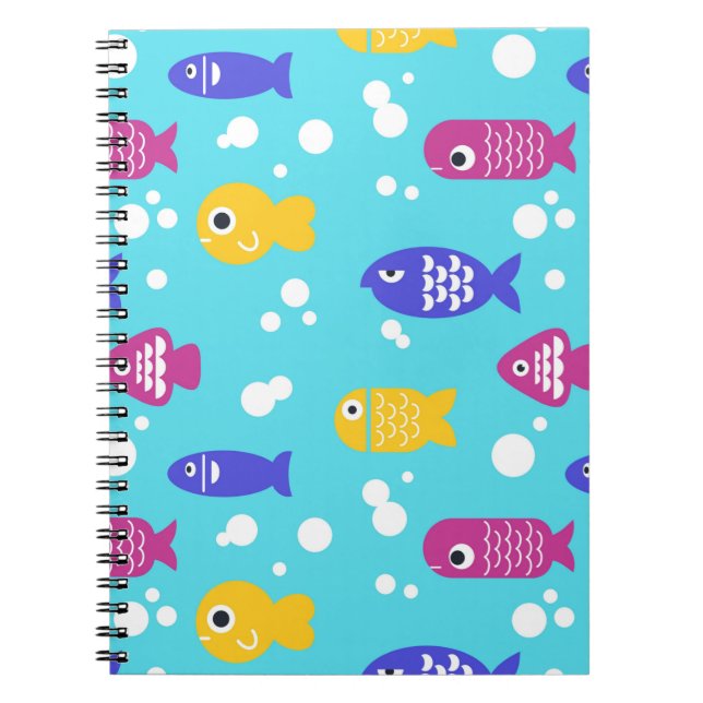 Bright Colorful Cartoon Fish Pattern Blue Notebook (Front)