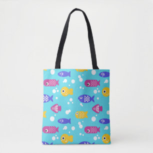 Bright Colorful Cartoon Fish Pattern Blue Tote Bag