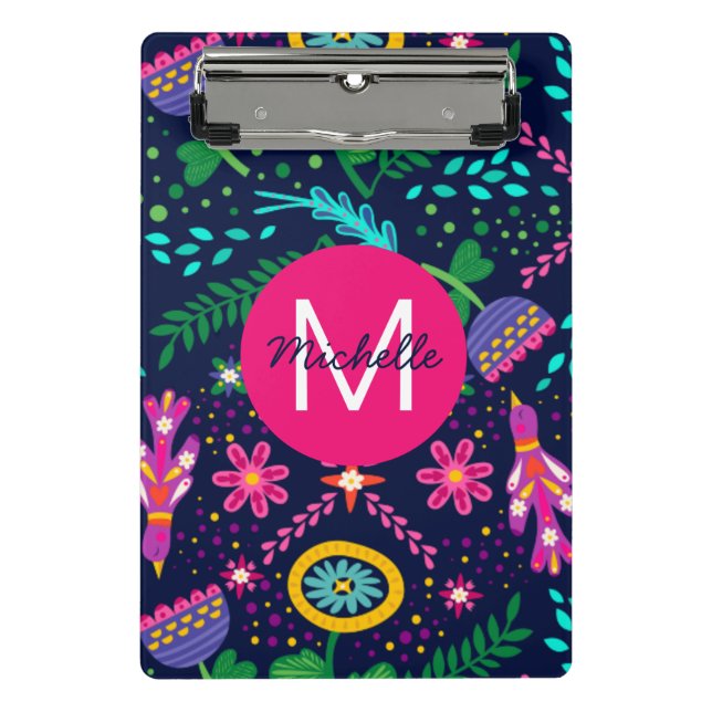 Bright Colorful Chaotic Floral Blue Personalised Mini Clipboard (Front)