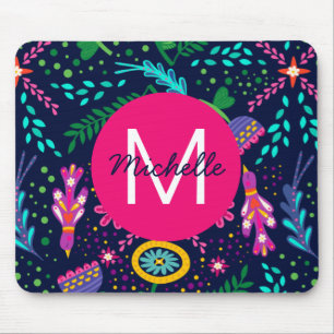 Bright Colorful Chaotic Floral Blue Personalised Mouse Mat