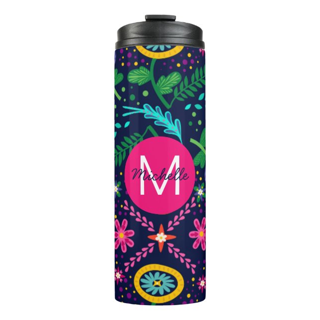 Bright Colorful Chaotic Floral Blue Personalised Thermal Tumbler (Front)