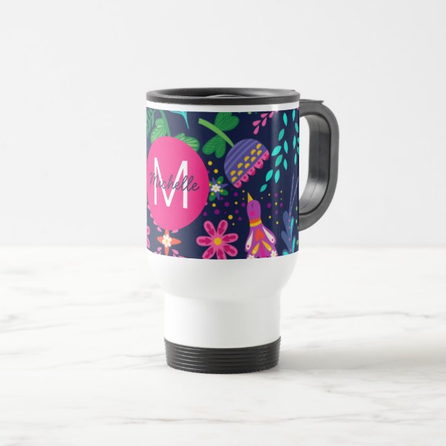 Bright Colorful Chaotic Floral Blue Personalised Travel Mug (Front Right)