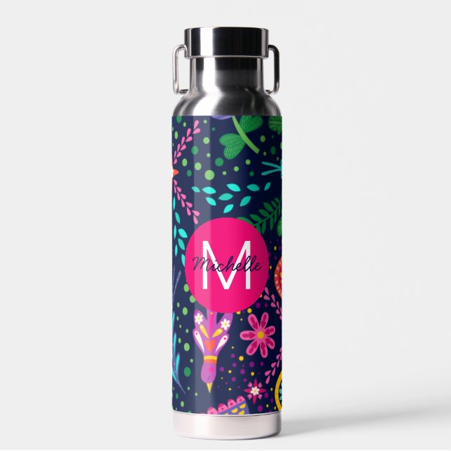Bright Colorful Chaotic Floral Blue Personalised Water Bottle (Front)